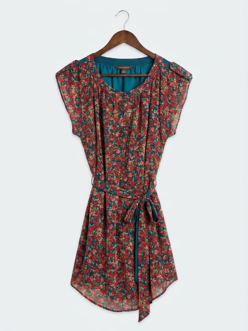 Allen B. By Allen Schwartz Teal and Red Floral Belted Mini Dress